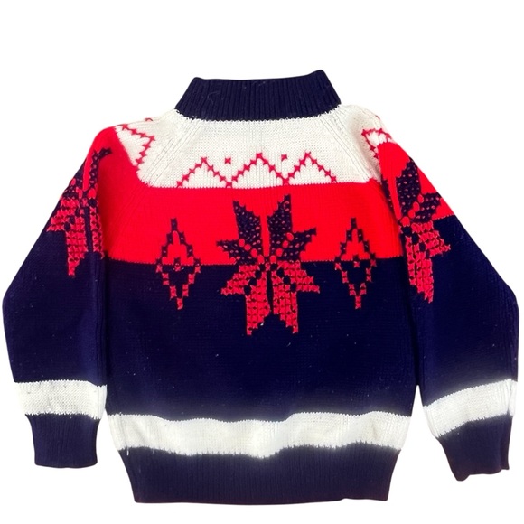 Vintage Toddler’s Ski Nordic 1970s Knit Christmas Sweater Blue Red Snowflake - Picture 2 of 6